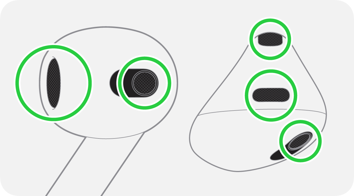 AirPods 3의 스노클망, 누출 제어망 및 상단 마이크를 청소합니다.