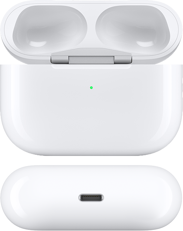 Зарядный футляр MagSafe для наушников AirPods Pro 1 с открытой крышкой и вынутыми наушниками, вид спереди и снизу. В нижней части футляра расположен разъем Lightning для подключаемой зарядки, а динамики отсутствуют.