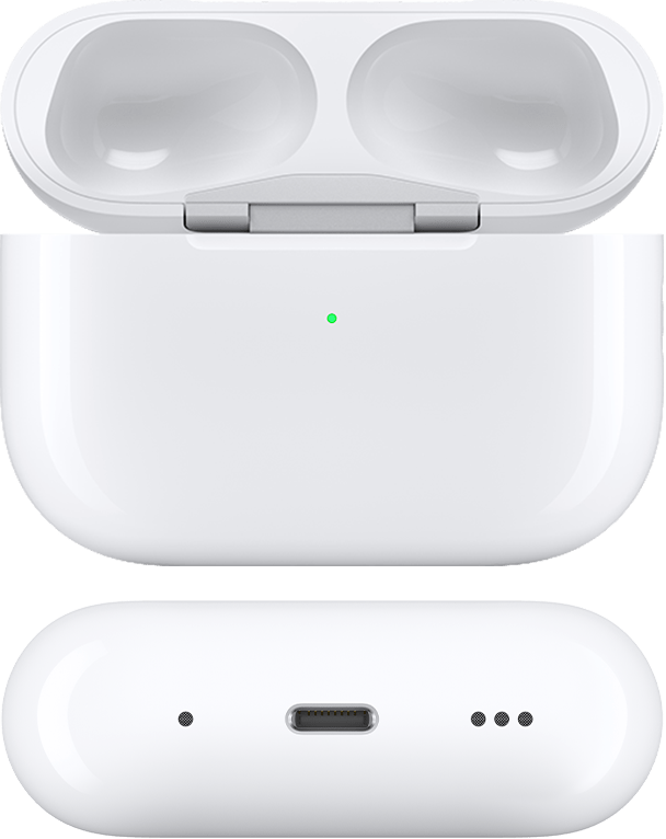 Зарядный футляр MagSafe (Lightning) для наушников AirPods Pro 2 с открытой крышкой и вынутыми наушниками, вид спереди и снизу.