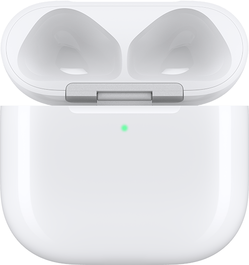 Зарядный футляр для наушников AirPods 4 с открытой крышкой и вынутыми наушниками.