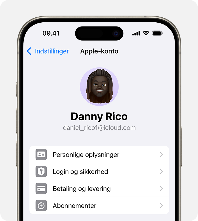 Apple-kontoindstillinger i appen Indstillinger på iPhone.
