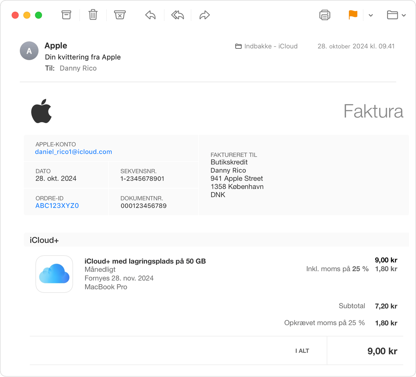 En e-mail med en kvittering for køb af et abonnement på Apple One.