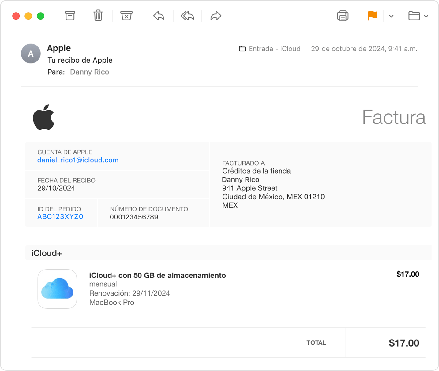 Un correo electrónico con un recibo de una compra de suscripción a Apple One.