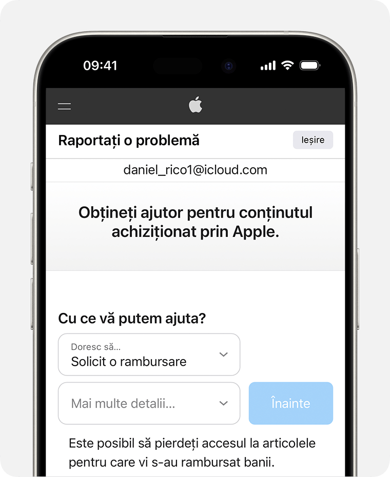 iPhone afișând site-ul Raportați o problemă, unde poți solicita o rambursare. După ce alegi Solicitați o rambursare, selectează motivul pentru care soliciți rambursarea.