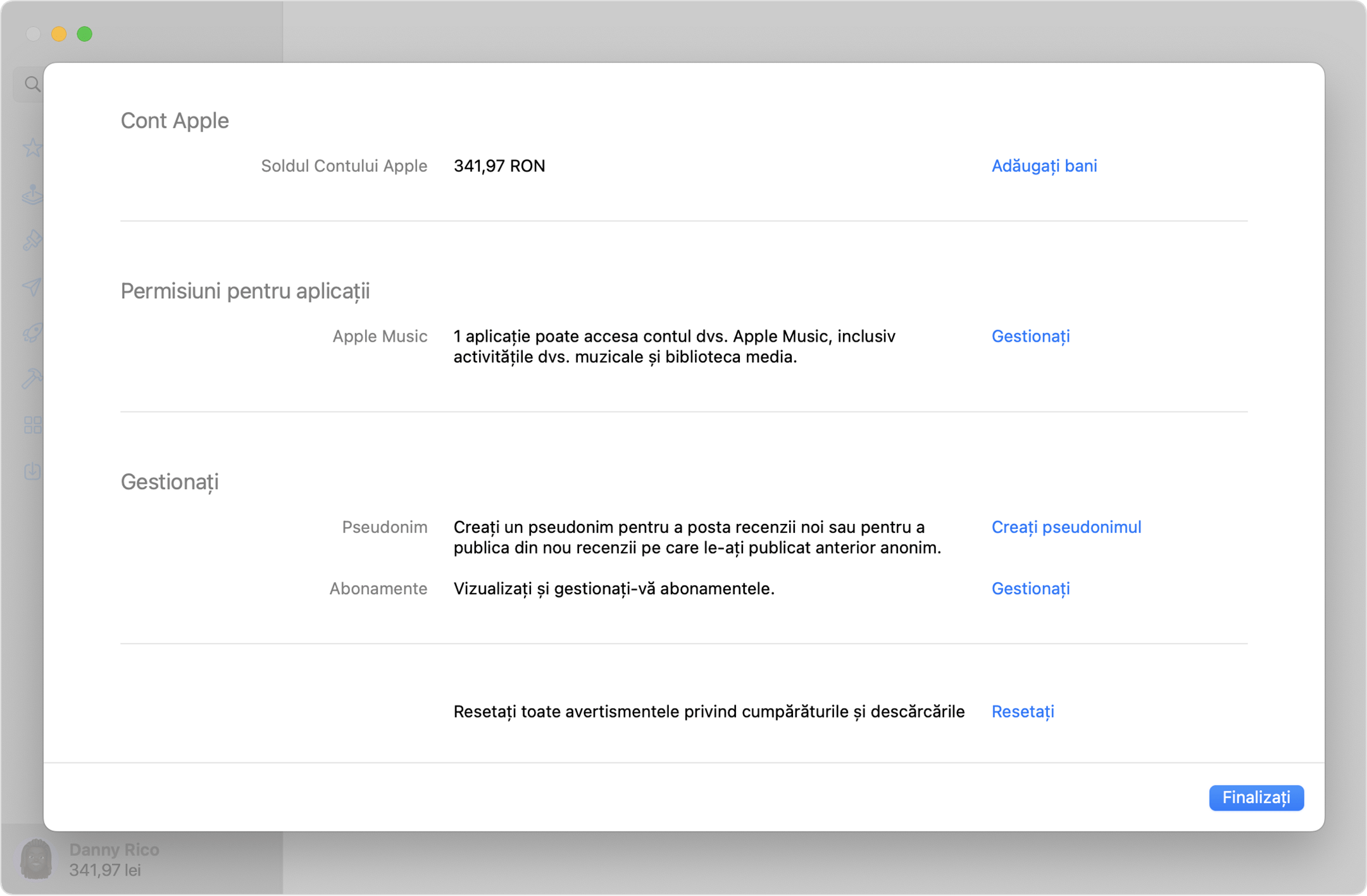 Configurările contului Apple în App Store pe Mac.