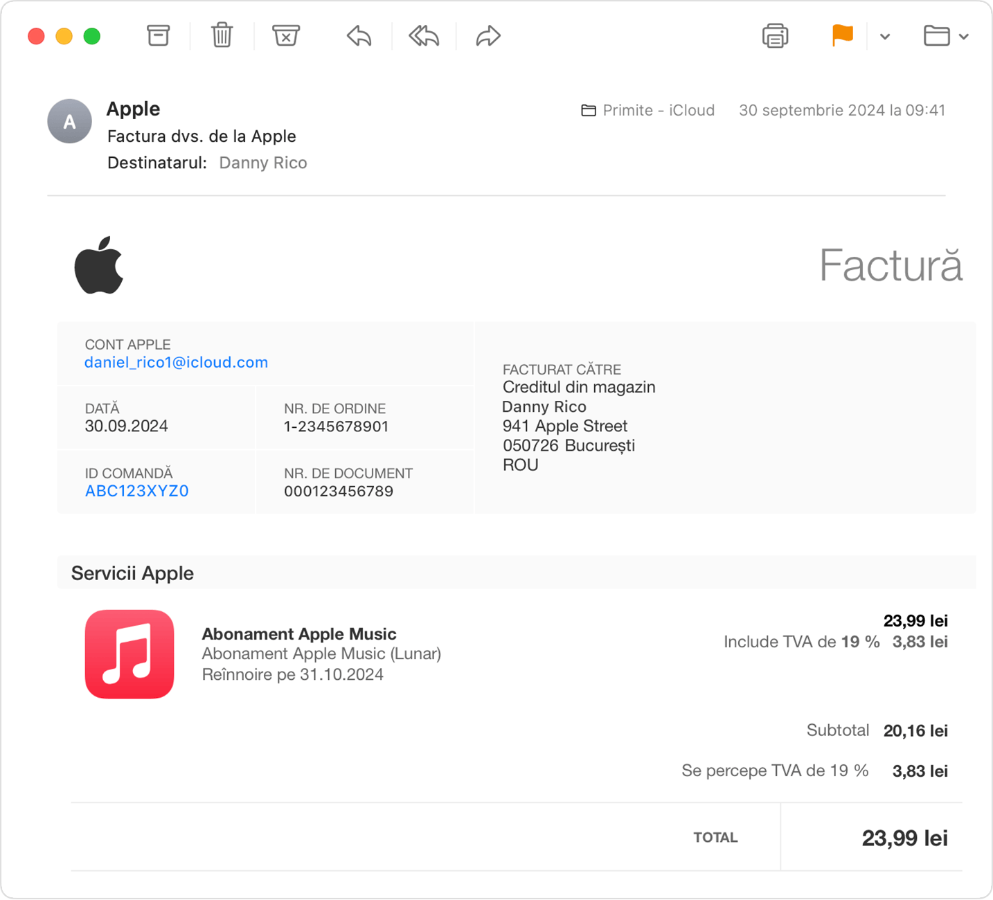 Un e-mail de chitanță pentru o achiziție cu abonamentul Apple One.