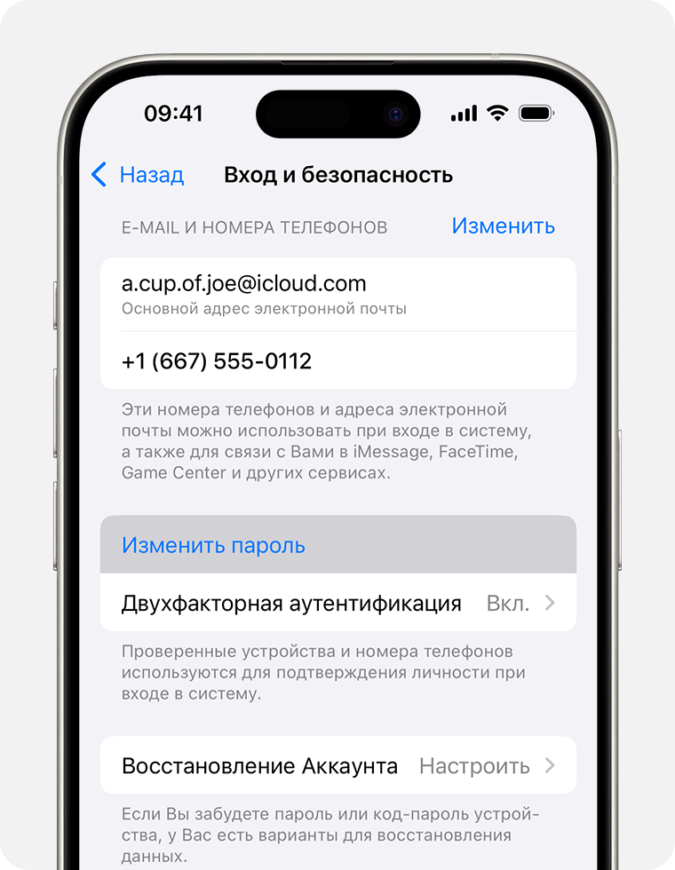 Страница «Вход и безопасность и параметр «Изменить пароль» на iPhone