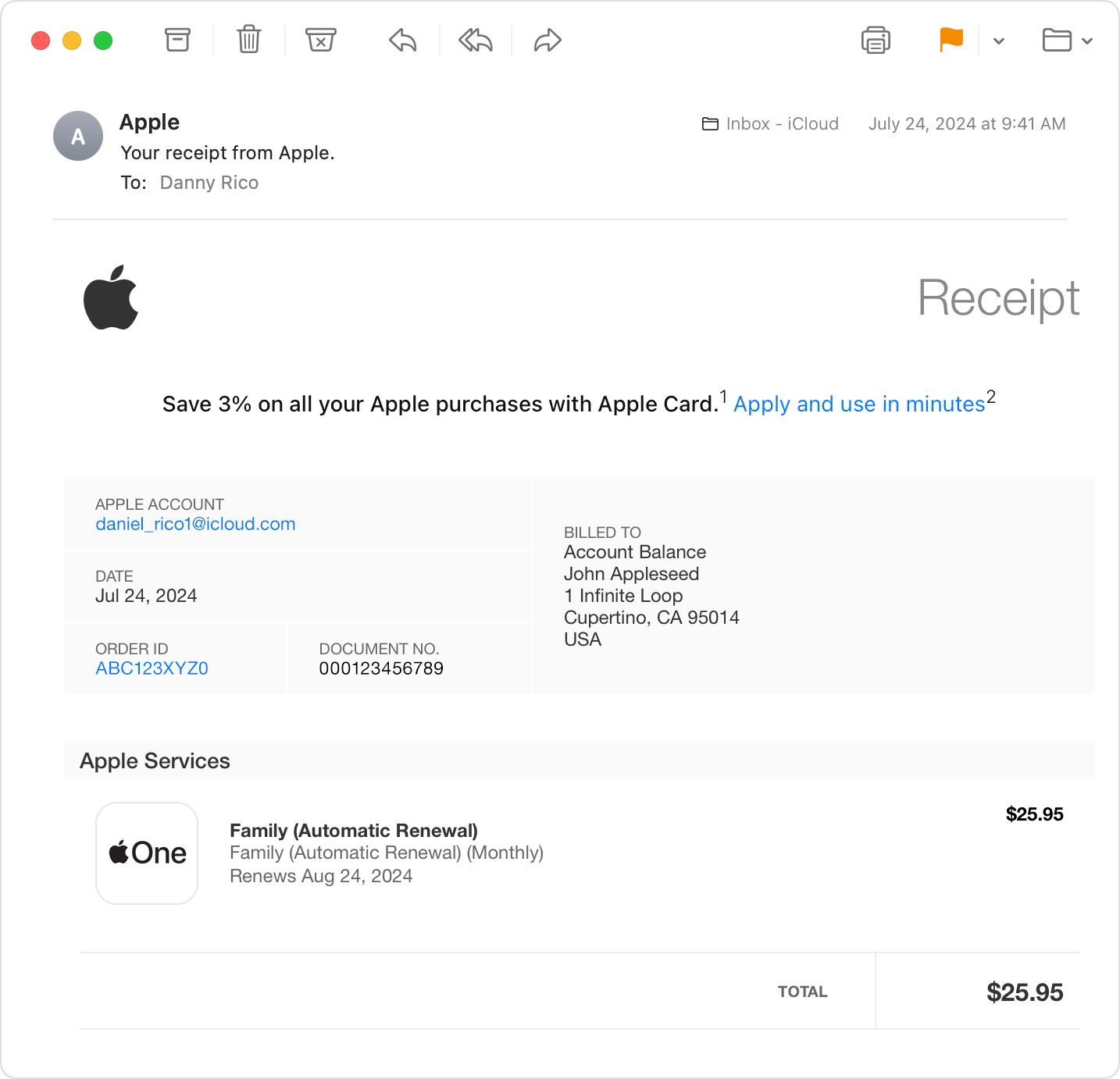 Email receipt from Apple. The Apple Account associated with the purchase is shown with billing information.