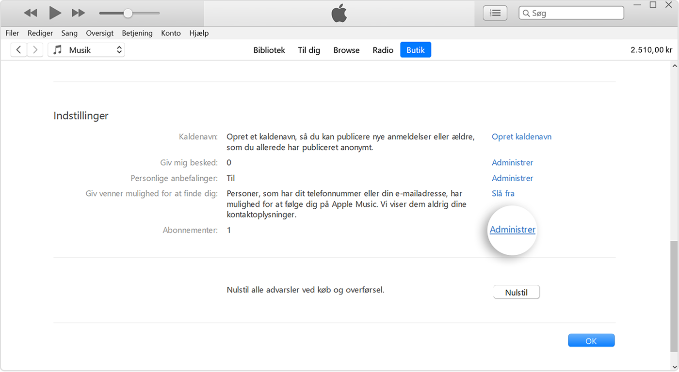 Knappen Administrer ud for Abonnementer i iTunes.