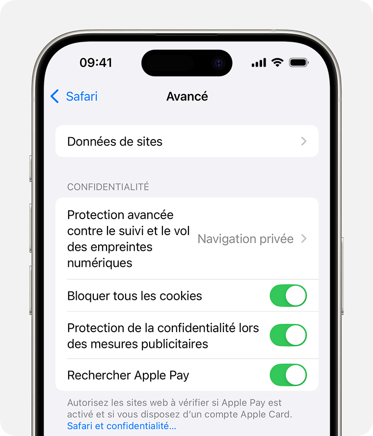 iPhone affichant les réglages de Safari. L’option Bloquer tous les cookies est activée.