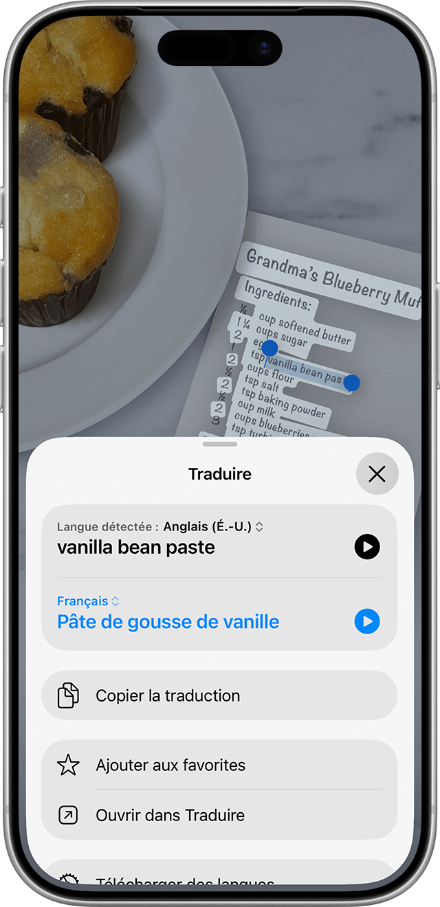 Utilisation de la fonctionnalité Texte en direct pour traduire un ingrédient d’une recette de muffins aux myrtilles.