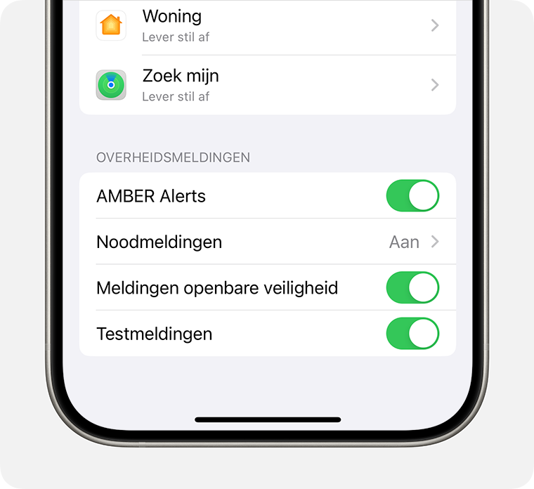 In de instelling 'Meldingen' kun je overheids- en noodmeldingen mogelijk in- en uitschakelen.