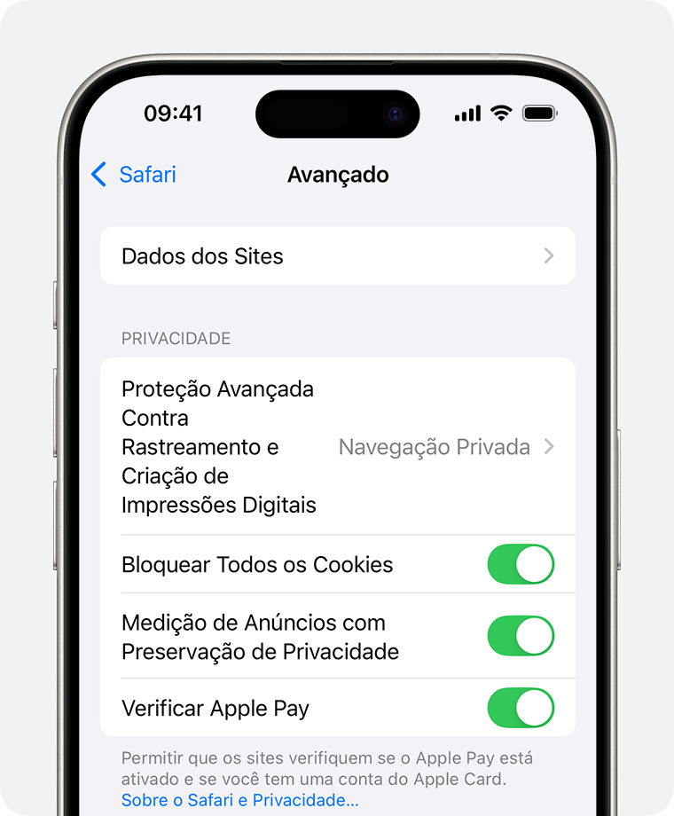 iPhone exibindo os ajustes do Safari. O botão da opção “Bloquear Todos os Cookies” está ativado.