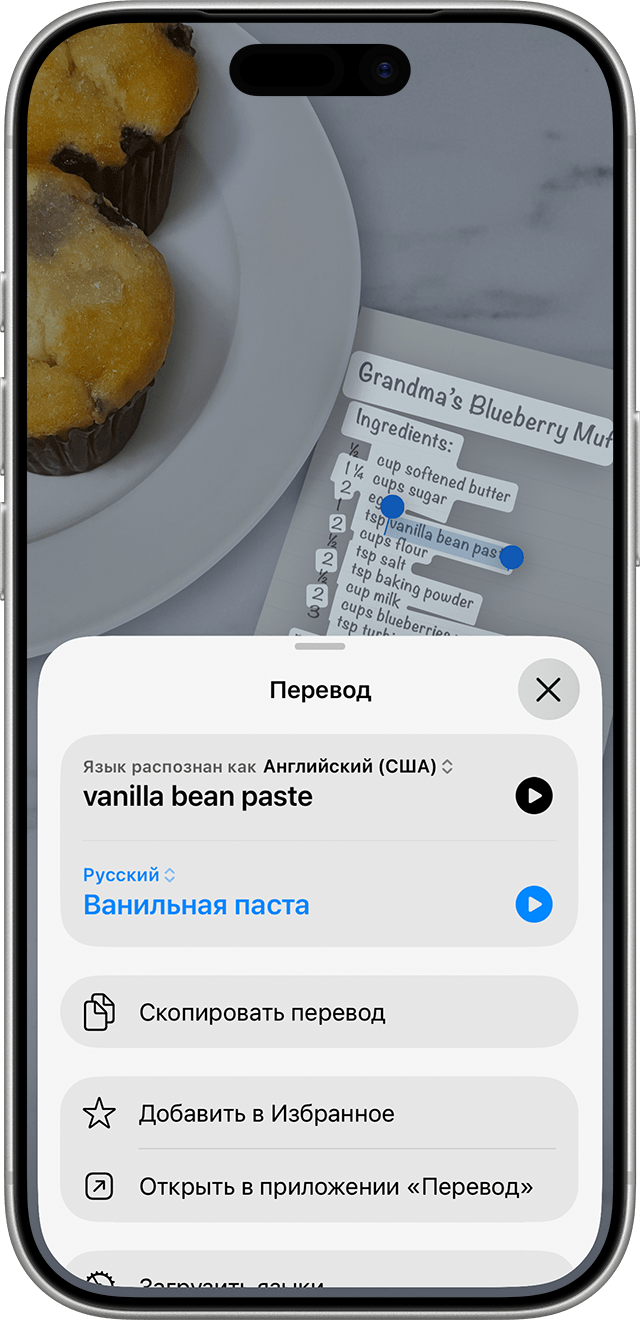Использование функции «Сканер текста» для перевода ингредиента рецепта черничного кекса.