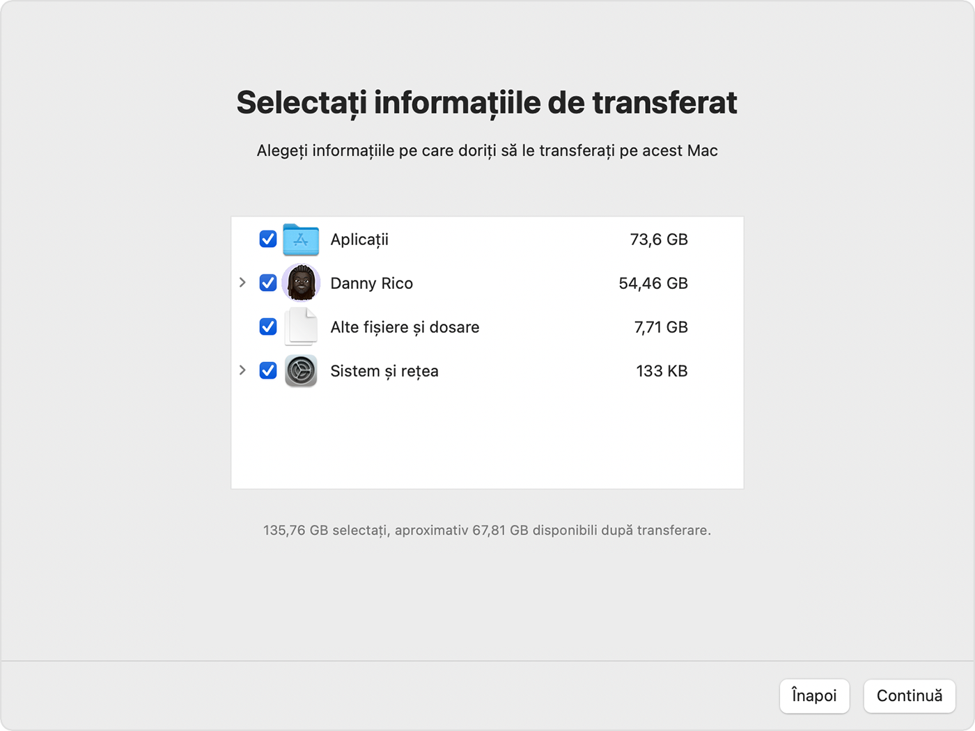 Utilitarul Asistent de migrare afișând diverse categorii de informații.