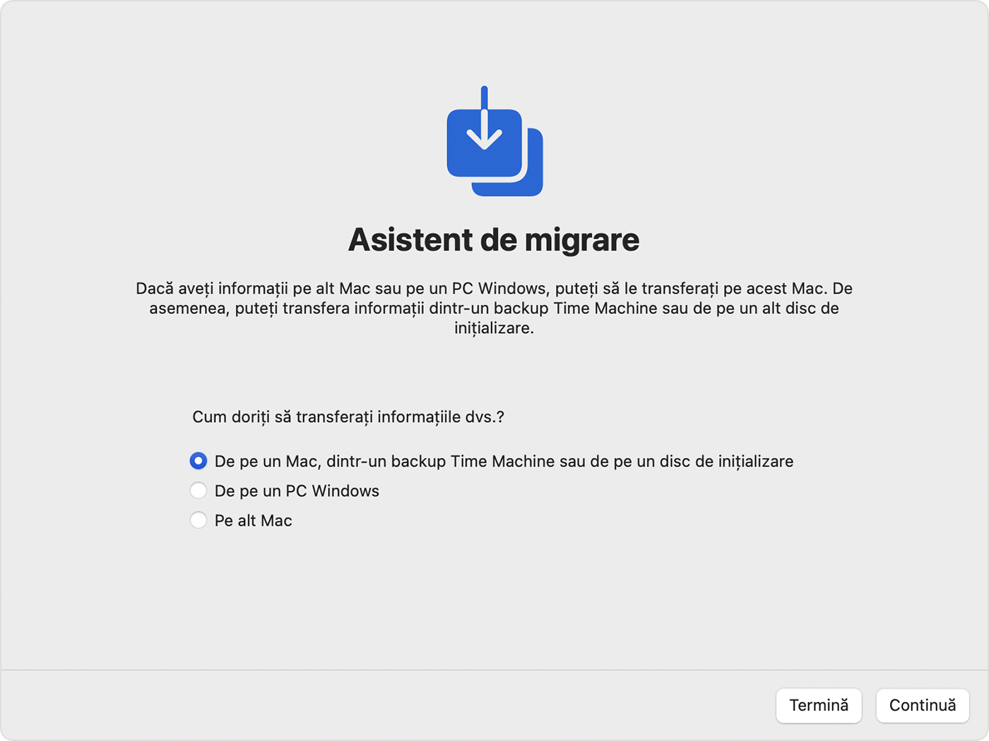 Utilitarul Asistent de migrare cu opțiunea „De pe un Mac, dintr-un backup Time Machine sau de pe un disc de inițializare” selectată.