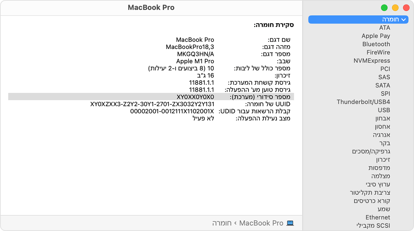 החלון 'נתוני המערכת' כשהמספר הסידורי מודגש