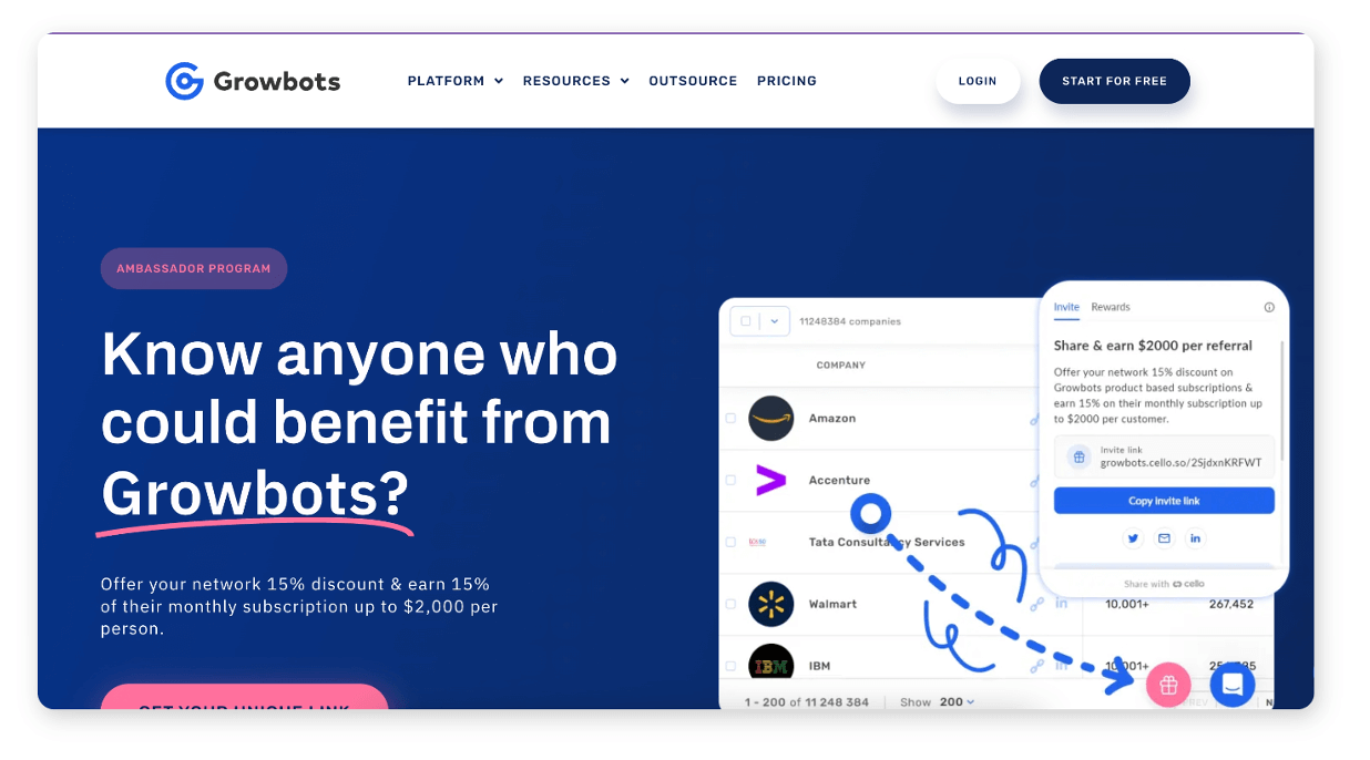 Growbots referral program landing page