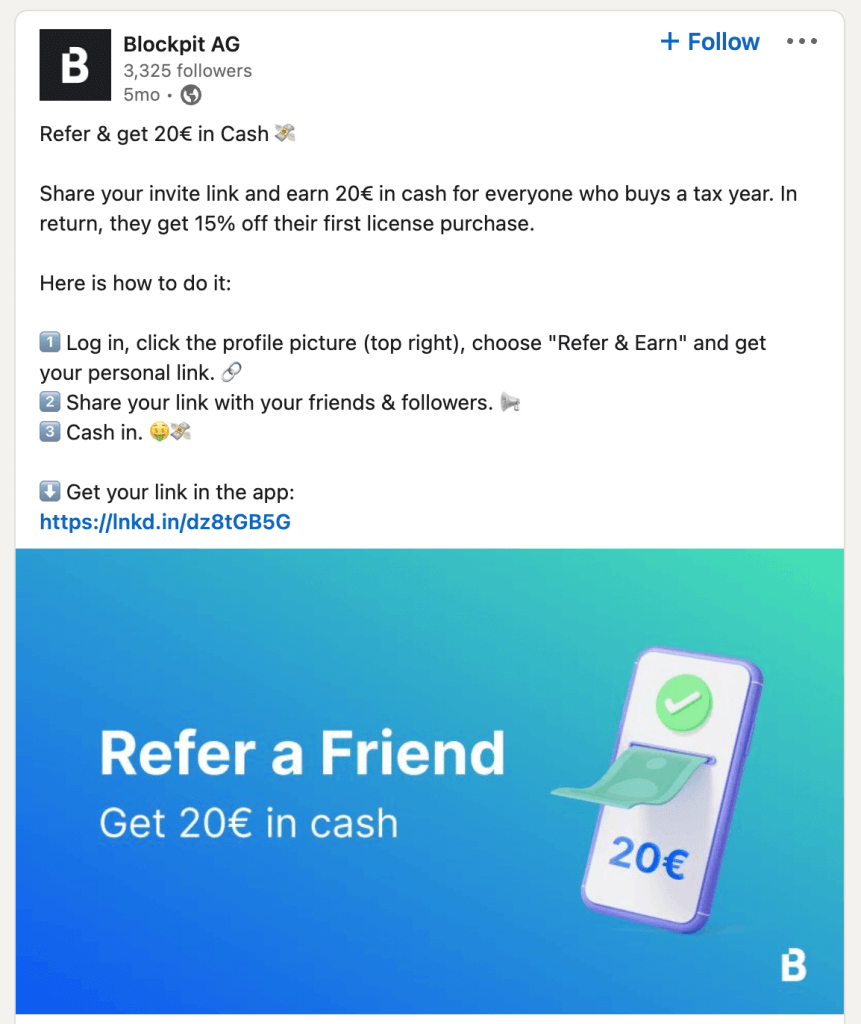 Image showing social media post of Blockpit announcing the new referral program