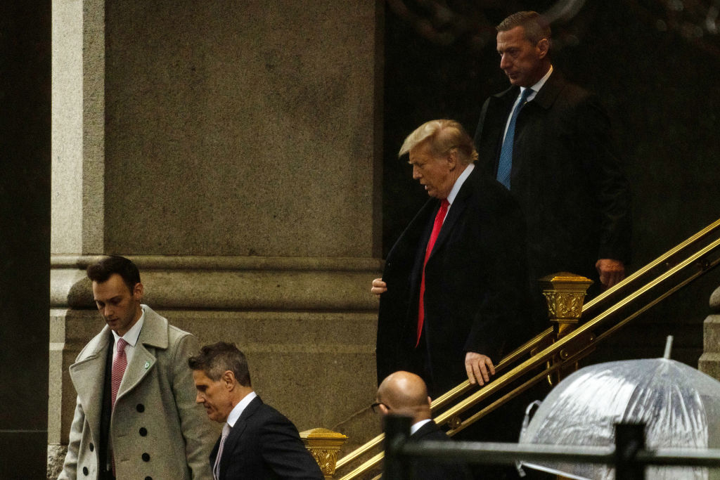 WASHINGTON, DC - JANUARY 9: Former U.S. President Donald Trump departs the Waldorf Astoria where he held a press conference following his appearance in court on January, 9 2024 in Washington, DC. The D.C. Appeals Court held a hearing on the former President's claim that he is immune from prosecution in the 2020 election case.