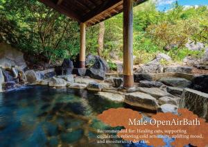 a pool of water with rocks and a gazebo at Kamenoi Hotel Aso Park Resort in Aso