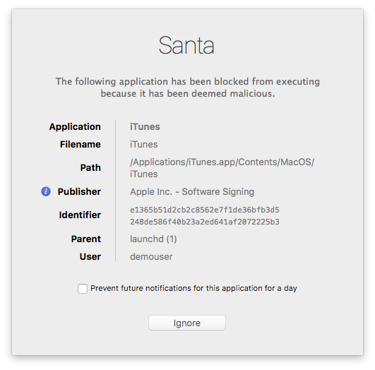 Santa block dialog when attempting to run a blacklisted program