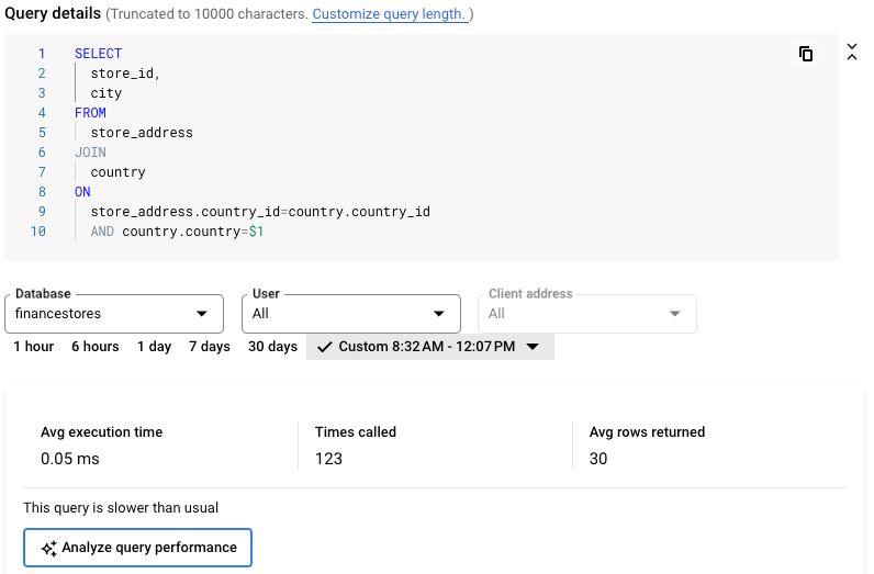 低速なクエリに関するメッセージと [クエリのパフォーマンスを分析] オプションが表示されたクエリの詳細画面