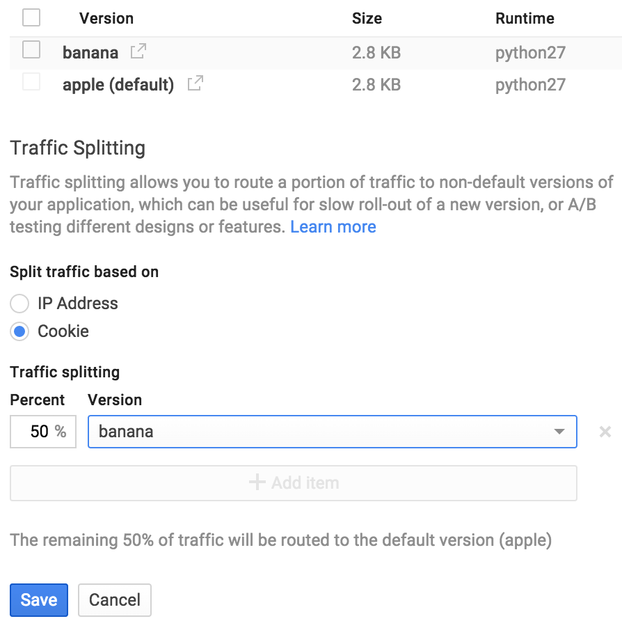  Google Cloud 控制台的流量拆分設定