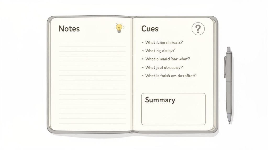 An open notebook displaying a Cornell note-taking layout with 'Notes,' 'Cues,' and 'Summary' sections, accompanied by a pen.