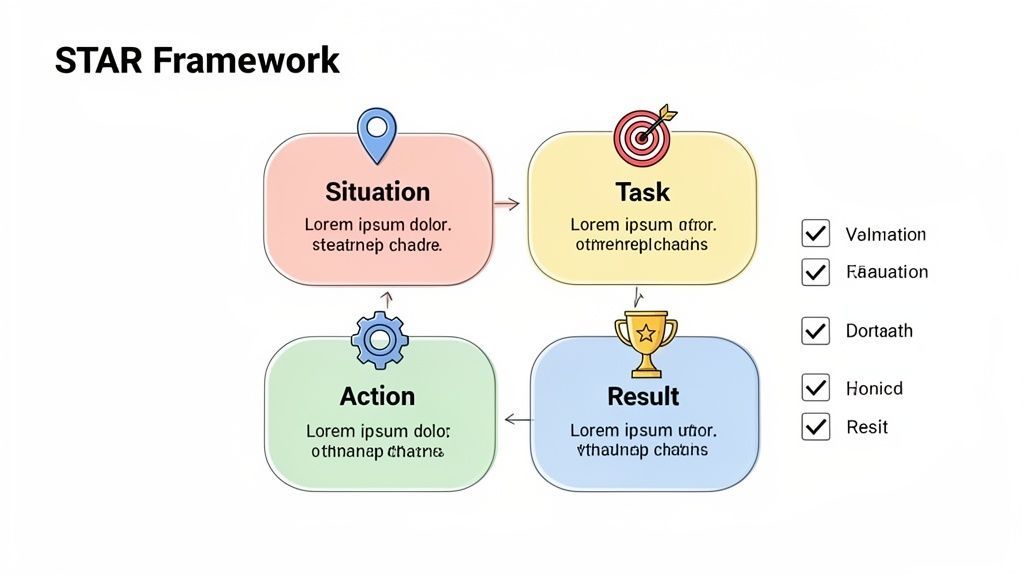 A visual diagram illustrating the STAR Framework with Situation, Task, Action, and Result steps.