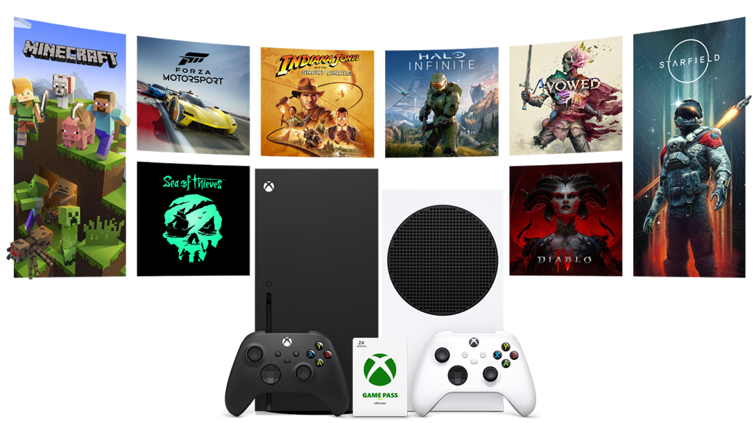 Xbox Series X and Xbox Series S consoles side-by-side with controllers, an Xbox Gift Card, and poster images from games available with a Game Pass membership