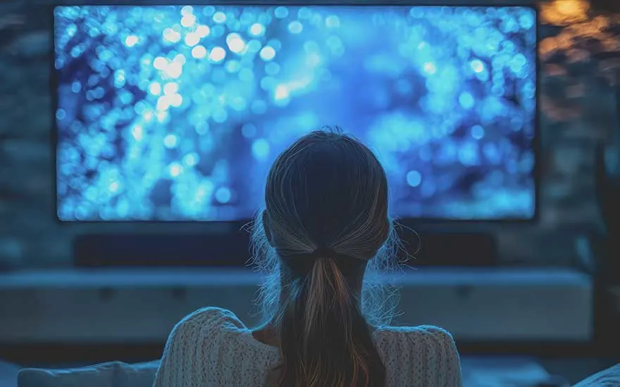 De foto toont een vrouw, van achteren gezien, zittend op een bank en kijkend naar een groot televisiescherm.