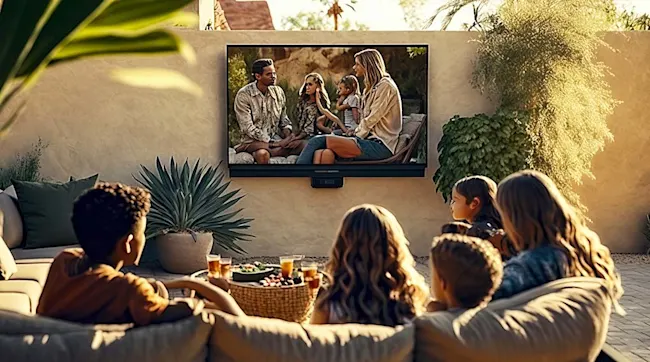 Buiten zitten mensen op een bank naar een tv aan de muur te kijken. Er is een mand met drankjes en snacks.