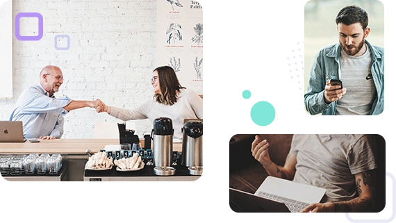 Set of three images - two people shaking hands, a man looking at his phone, a person sitting at their laptop