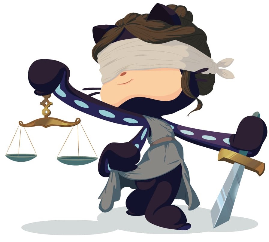 GitHub octocat dressed as lady justice, holding scales and a sword.