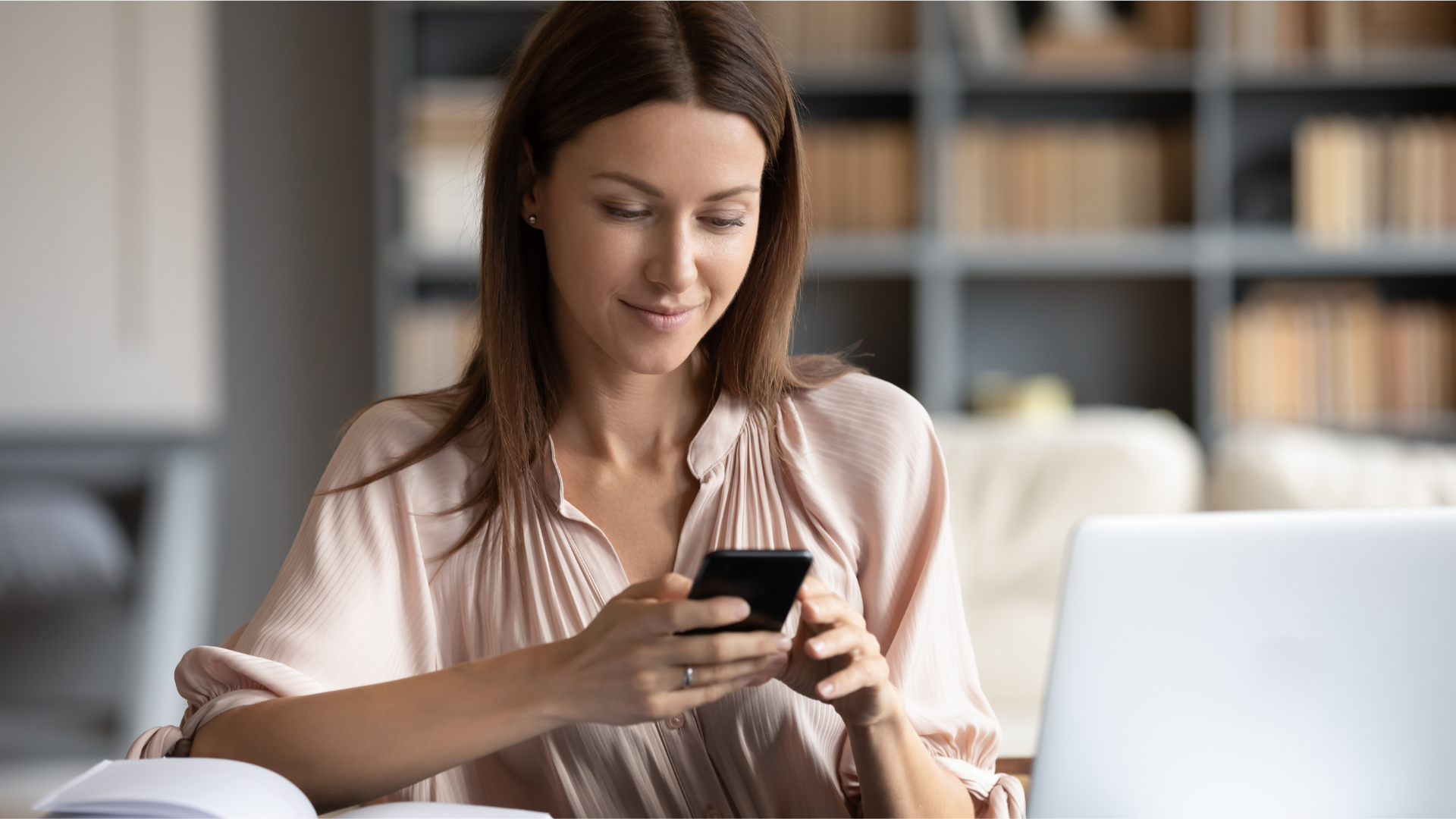 Patient-Centric Billing is displayed with a woman looking at her phone making a payment