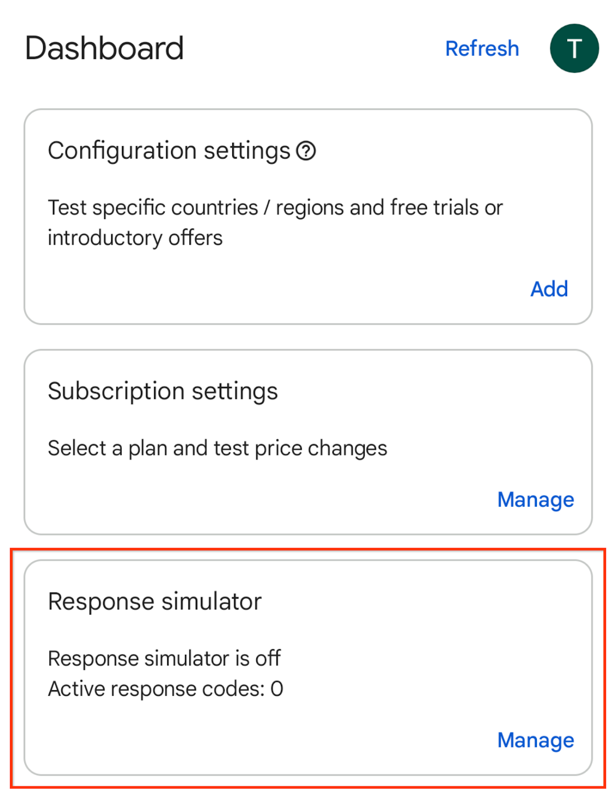 Dasbor Play Billing Lab dengan Simulator Respons