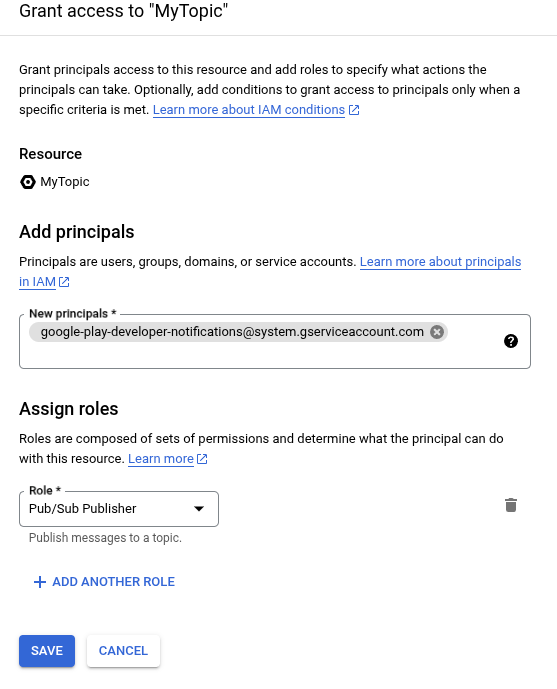 Mengonfigurasi izin penayang Tambahkan akun layanan google-play-developer-notifications@system.gserviceaccount.com, dan berikan peran Pub/Sub Publisher