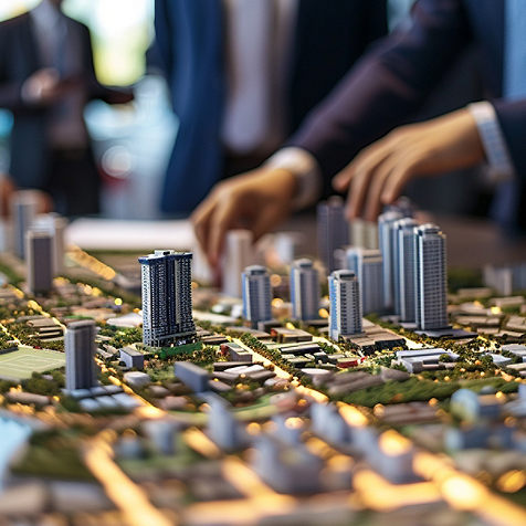 View of model city with hands moving pieces of building figurine. 