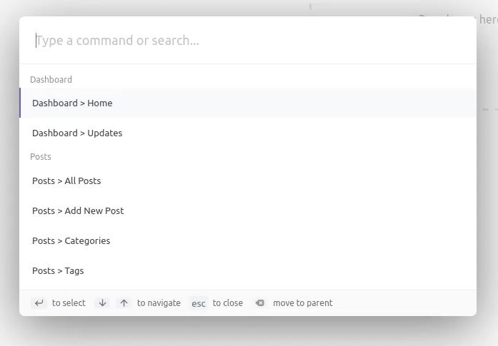 First prototype of CommandUI showing a simple command palette interface with basic WordPress navigation options