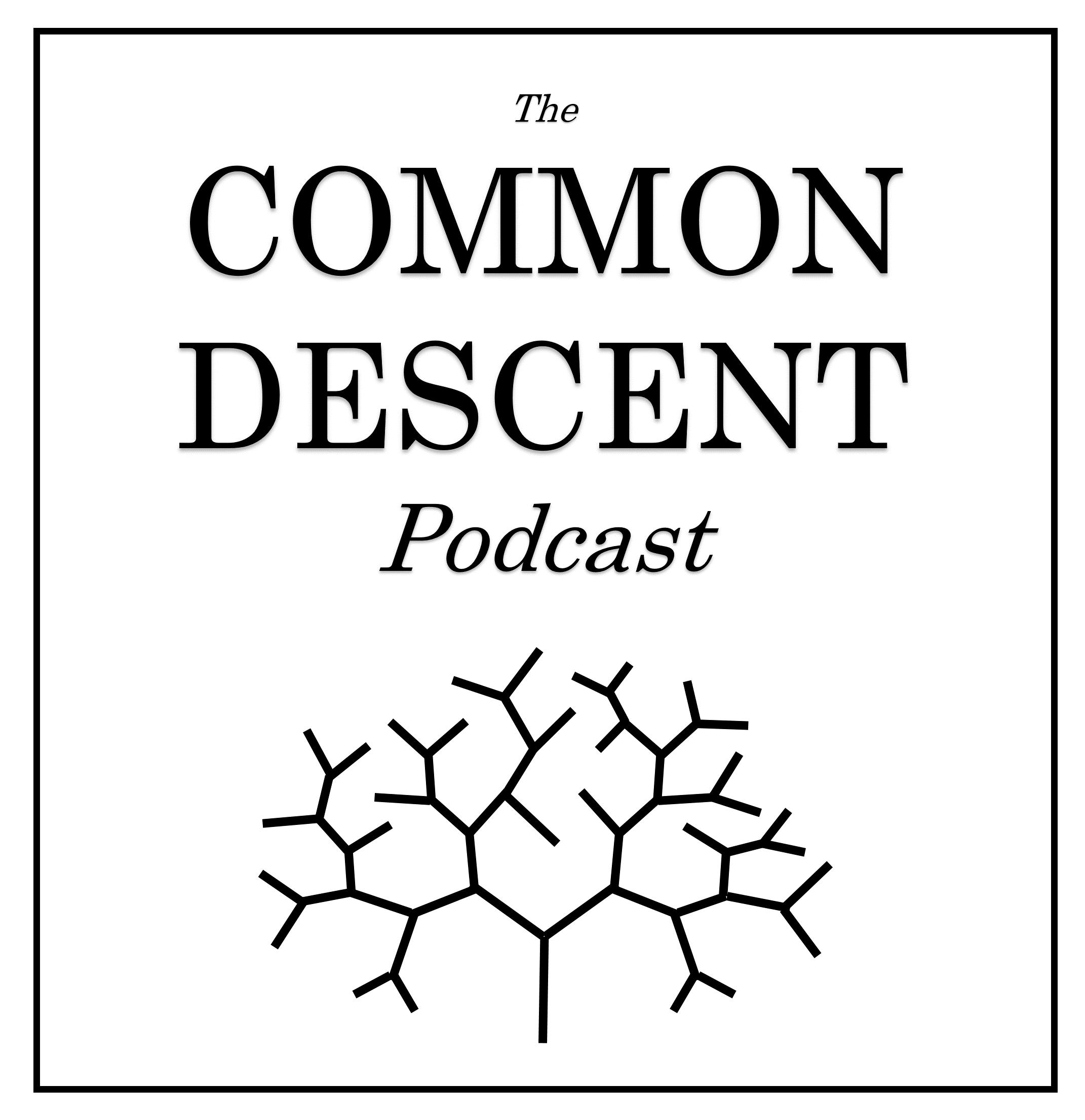 Black text and line art on a white background. The text reads "The Common Descent" and the image shows Charles Darwin's tree of common descent.