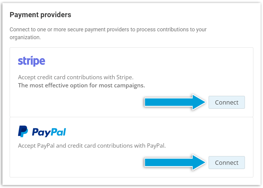 screenshot of connect Stripe and PayPal options
