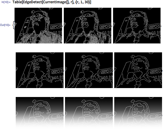 Table[EdgeDetect[CurrentImage[], r], {r, 1, 30}]
