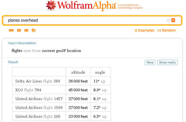 Wolfram|Alpha output for "planes overhead"