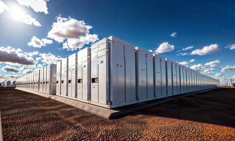 Grid-scale battery energy storage. A large battery energy storage system (BESS) in a desert environment, likely used to store energy from renewable sources like solar power.