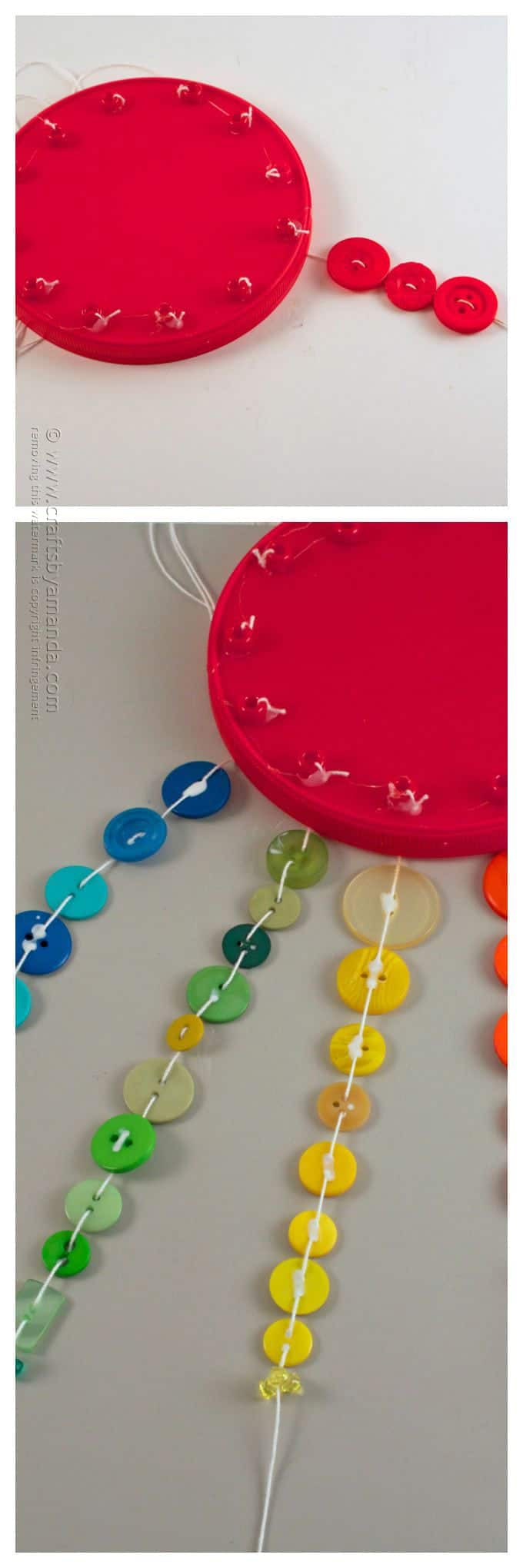 Steps on how to make a rainbow button windchime Threading buttons to windchime