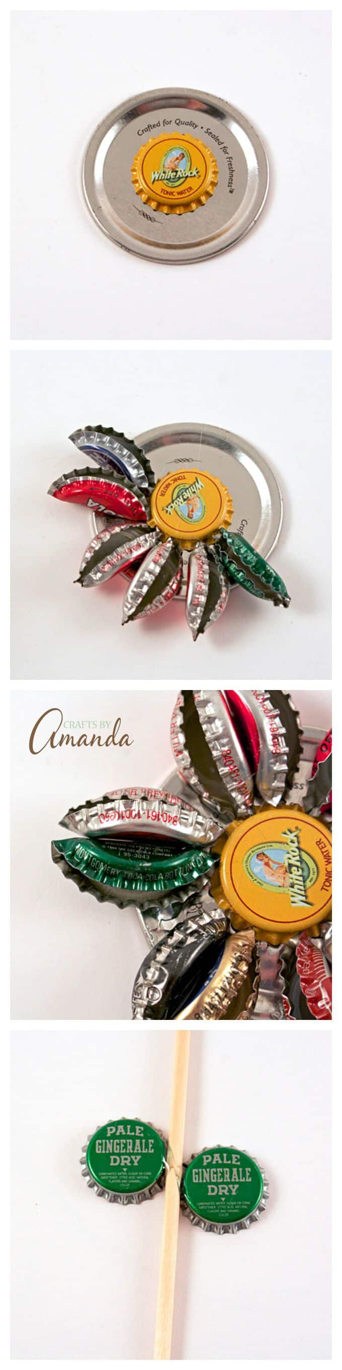 Turn old bottle caps into a rustic bottle cap flower to display in potted plants or right in your garden. Safe to leave outside too! #bottlecap #recycledcrafts #gardencrafts #adultcrafts #recycle #repurpose #earthday #summercrafts #springcrafts How to Make an adorable and rustic Bottle Cap Flower by Amanda Formaro, Crafts by Amanda