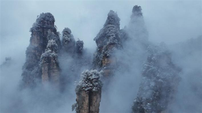 天子山上瑞雪纷飞 百龙天梯云雾缥缈