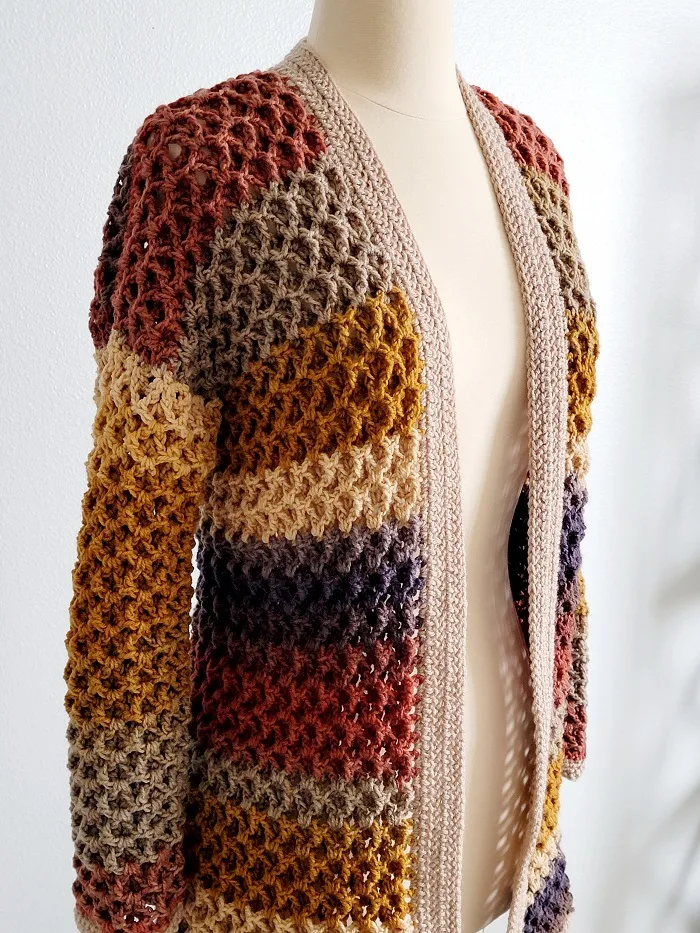 Finished easy crochet cardigan pattern side view closeup