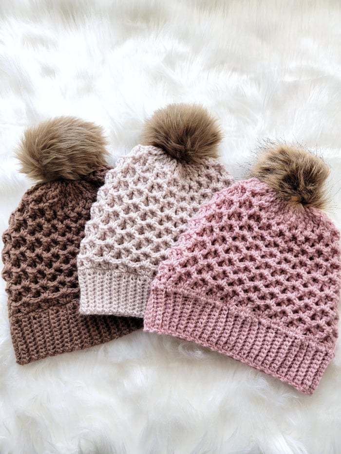 Pink, brown and cream beanies made from crochet beanie hat pattern